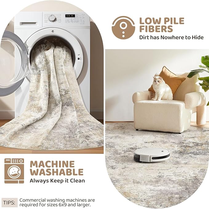 UERMEI 5ft Round Area Rug Living Room Rugs - 5x5 Washable Neutral Modern Abstract Soft Thin Rug Indoor Floor No Slip Rug Carpet for Bedroom Under Dining Table Home Office Decor - Golden Grey