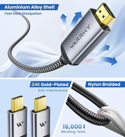 Warrky USB C to HDMI Cable 4K, 15ft Thunderbolt 3 to HDMI Adapter Compatible - Image 6