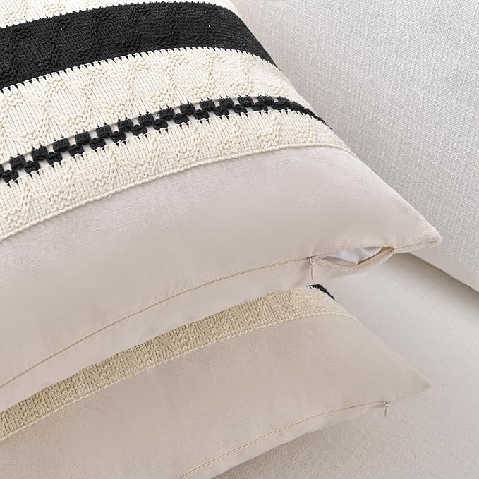Fancy Homi Set of 1 Boho Black Decorative Throw Pillow Cover 20x20 Inch for Couch Bed Sofa, Aesthetic Modern Organic Farmhouse Home Decor, Soft Cotton Cute Accent Macrame Woven Cushion Case