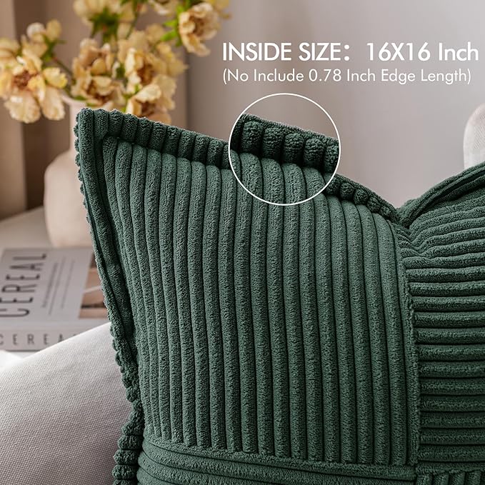 MIULEE Decorative Throw Pillow Covers for Couch Bed Livingroom 16x16 Inch Set of 2 Dark Green Boho Accent Throw Pllows Broadside Striped Patchwork Soft Corduroy Pillowcases