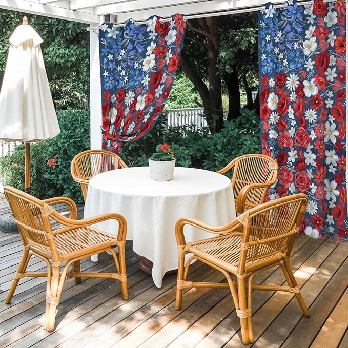 4th of July Outdoor Curtains for Patio Patriotic Flowers Farmhouse Red - Image 4