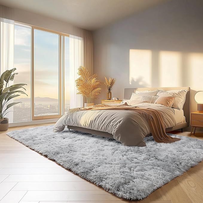 ONASAR 8x10 Area Rugs for Living Room, Tie-Dyed Light Grey Large Fluffy Shag Bedroom Rug, Soft Plush Thick Shaggy Big Floor Carpet for Kids Boy and Girls Teen Dorm Nursery Indoor Home Decor