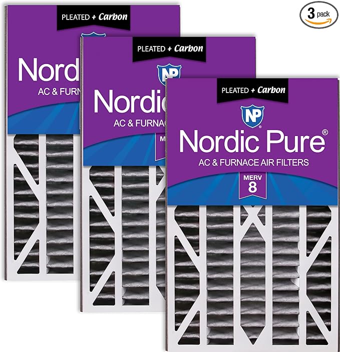 Nordic Pure 16x25x3 Pleated MERV 8 Plus Carbon Air Filters 3 Pack | Actual by NordicPure