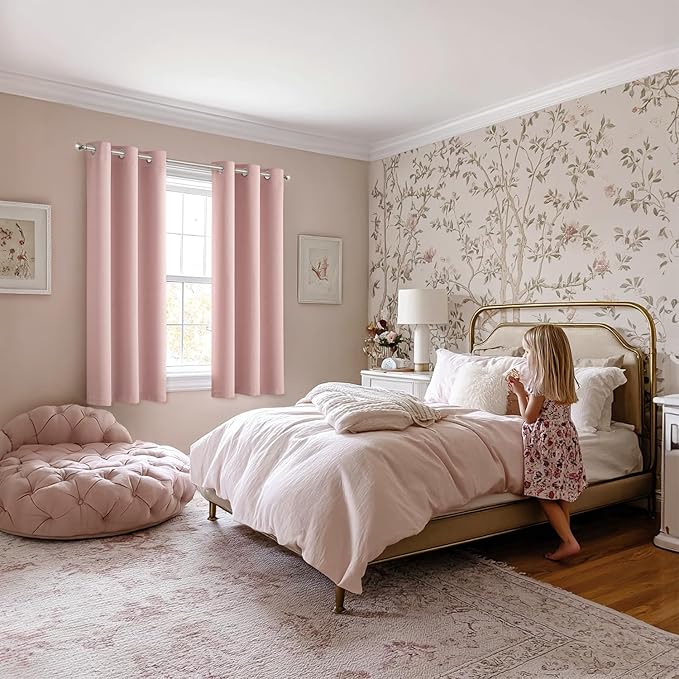 MIULEE Baby Pink Blackout Curtains for Bedroom Living Room 63 Inches Long 2 Panels, Thermal Insulated Room Darkening Drapes Solid Grommet Noise Reduction Light Blocking Window Treatments 34x63 Inch