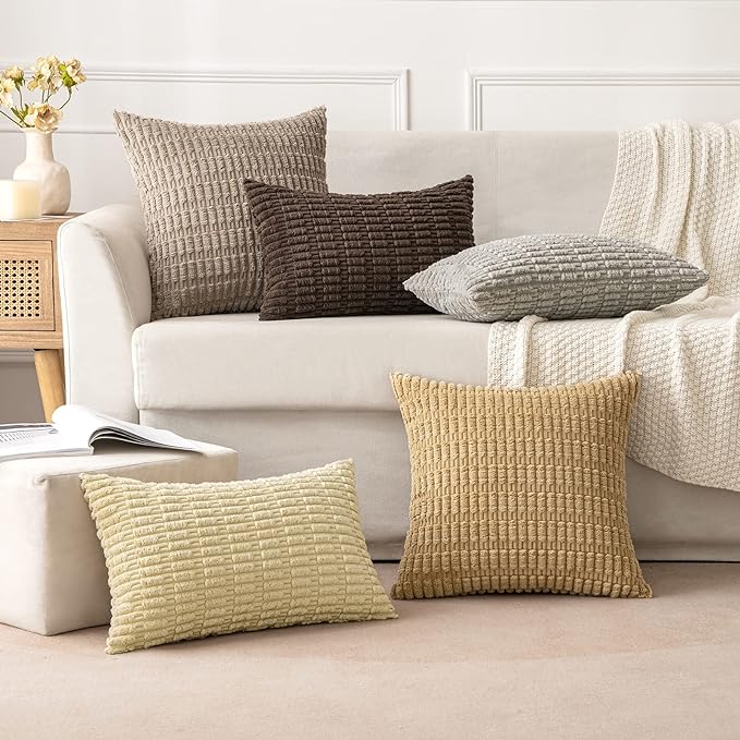 MIULEE Pack of 2 Corduroy Decorative Euro Sham Throw Pillow Covers 22x22 Inch Soft Boho Striped Pillow Covers Modern Farmhouse Home Decor for Sofa Living Room Couch Bed Light Brown