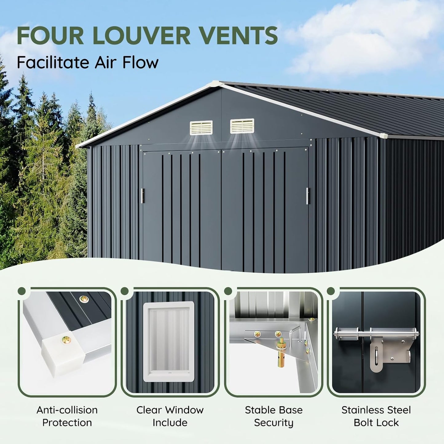 10x10 FT Outdoor Metal Storage Shed, Double Swing Doors, 2 Clear Windows,Tool Shed for Garden, Patio, Backyard