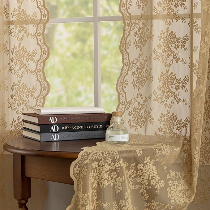 YJ YANJUN Vintage Lace Curtains 63 Inch Length 2 Panels Earthy Neutral Taupe Sheer Curtains with Scalloped Edges Rod Pocket Short Floral Crochet Panles for Bedroom Dining Room W52 X L63 Light Coffee