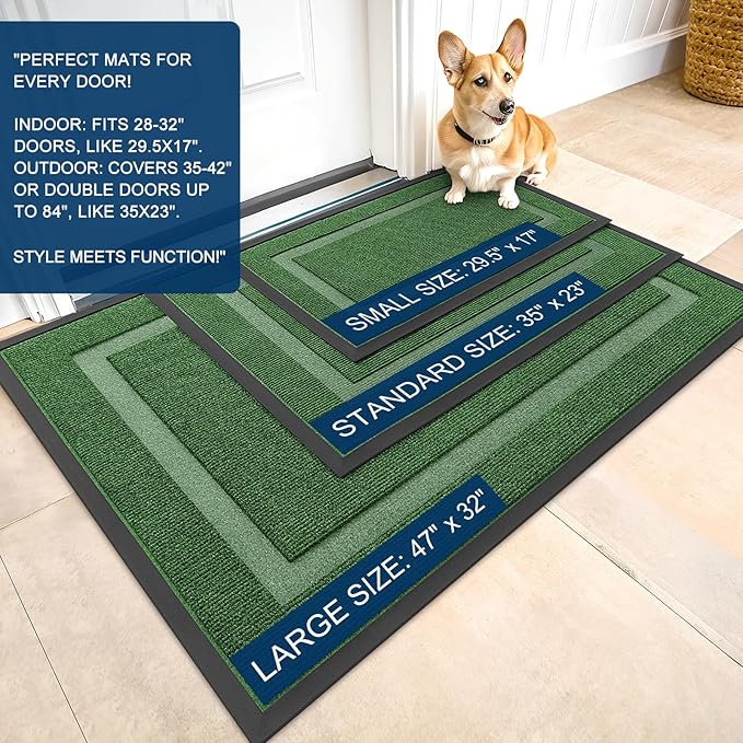 OLANLY Front Door Mat Indoor Outdoor Entrance, Waterproof All-Season, All-Weather Doormat, Sturdy Natural Rubber, Fade Resistant, Low Profile, Easy Clean Patio Porch Entryway Mat, 71x47, Green