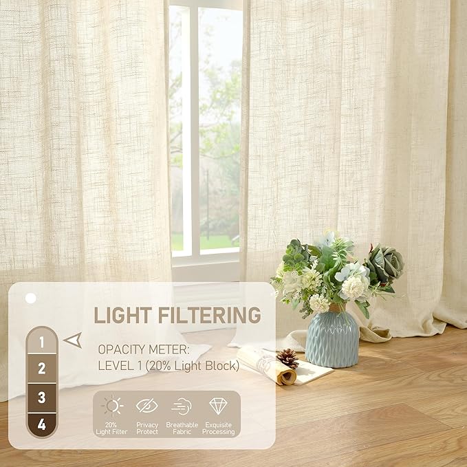 LAMIT Short Window Linen Curtains 36 Inch Length 2 Panels, Beige Light Filtering Panels Back Tab and Rod Pocket Neutral Drapes for Bathroom/Loft Room, 34 x 36 Inch