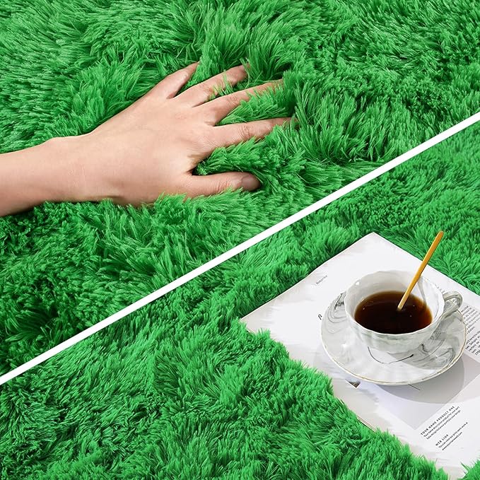 Amearea Premium Soft Fluffy Rug Modern Shag Carpet, Fuzzy Shaggy Rugs for Bedroom Living Room Teen Apartment Decor, Comfortable Indoor Furry Dorm Carpets, Green 5x7.5 Feet