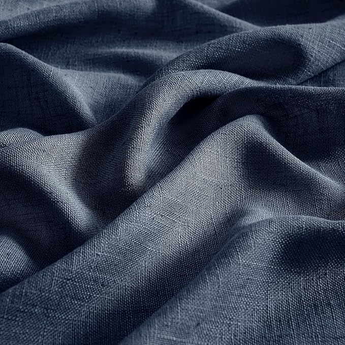 MIULEE Navy Blue Short Linen Curtains 45 Inch Length 2 Panels for Boys Bedroom Bathroom, Soft Thick Linen Textured Natural Kitchen Window Drapes Semi Sheer Light Filtering Back Tab Burlap Look Decor