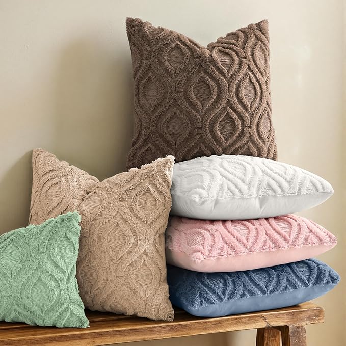 decorUhome Throw Pillow Covers 18x18 Inch Set of 2, Soft Plush Faux Wool Brown Solid Couch Pillow Covers, Accent Farmhouse Neutral Square Pillow Cases for Sofa Bed Living Room