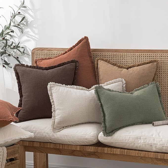 MIULEE Decorative Throw Pillow Covers Neutral Linen Fringe Throw Pillows Euro Shams Set of 2 Dark Brown Boho Farmhouse Cushion Covers for Couch Sofa Bed Living Room Spring Home Decor 22x22 Inch