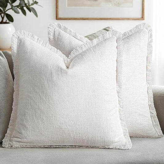 MIULEE Decorative Throw Pillow Covers Neutral Linen Fringe Throw Pillows Set of 2 White Boho Farmhouse Cushion Covers with Tassels for Couch Sofa Bed Living Room Home Spring Decor 18x18 Inch