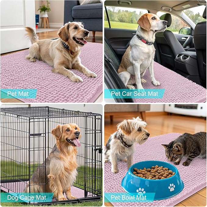 OLANLY Dog Door Mat for Muddy Paws 48x30, Absorbs Moisture and Dirt, Absorbent Non-Slip Washable Doormat, Quick Dry Chenille Mud Mat for Dogs, Entry Indoor Entryway Carpet for Inside Floor, Dusty Rose