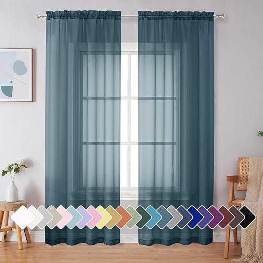 Simplebrand Dusty Blue Sheer Curtains 90 Inches Long 2 Panels, Light Filtering Rod Pocket Solid Color Window Sheer Curtain Panels, Elegant Curtains & Drapes for Living Room, Bedroom, 42" W x 90" L