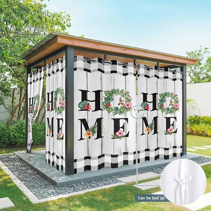 Summer Outdoor Curtains for Patio Leaves Garland Plumeria Wood Buffalo Plaid - Image 7