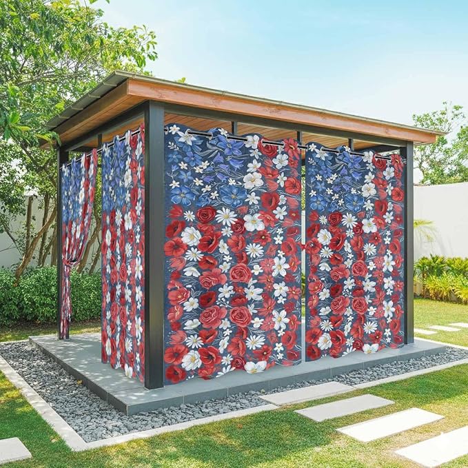 4th of July Outdoor Curtains for Patio Patriotic Flowers Farmhouse Red by Unknown