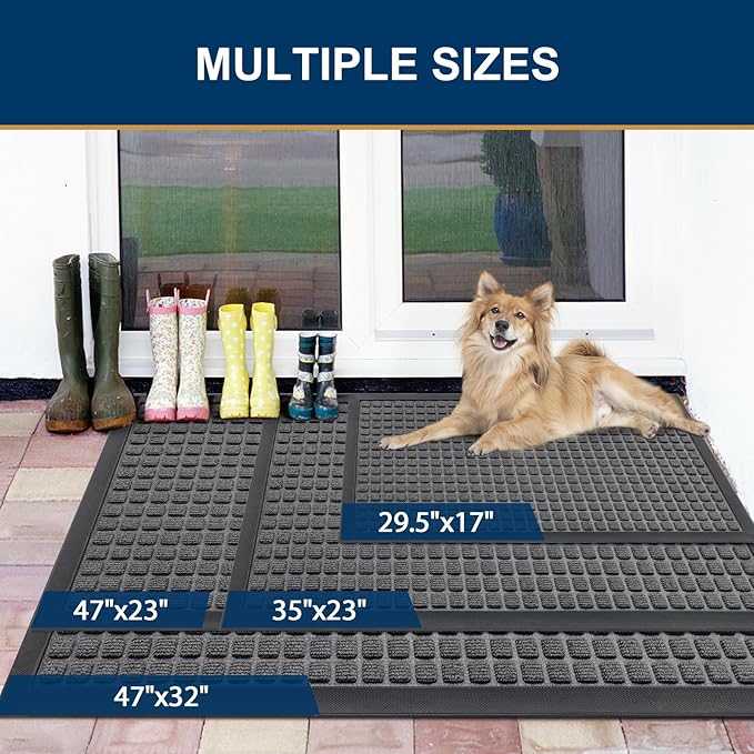 Smiry Front Door Mat Outside Entrance, Heavy Duty Natural Rubber Doormat, Non Slip, Trap Dirt and Moisture, Easy Clean, Low Profile Welcome Floor Mats for Indoor Outdoor Entry, 59x34 Inch, Grey