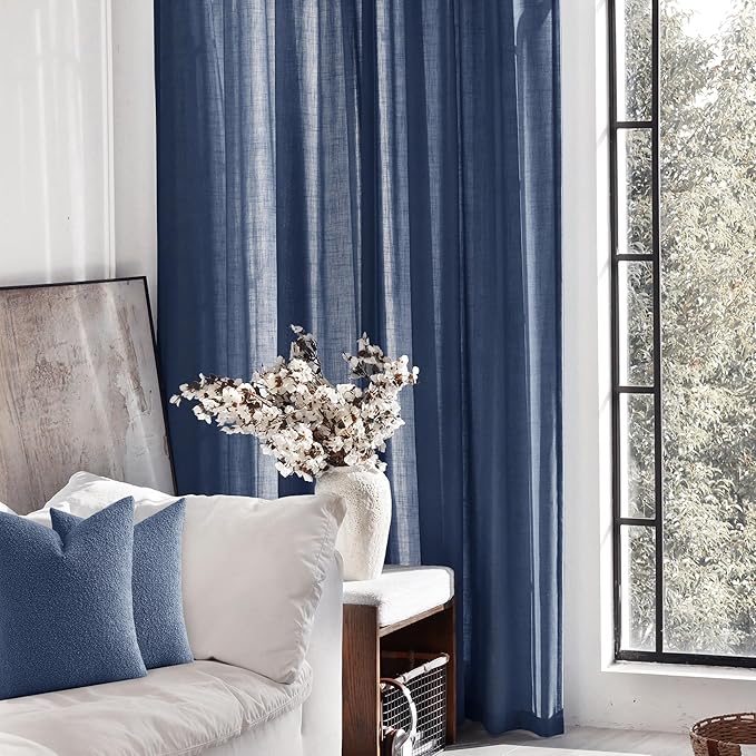 Navy Blue Curtains 108 inch Length for Bedroom Back Tab Light Filtering Semi Sheer Blue Living Room Curtains Linen Cotton Textured Indigo Blue Drapery Panel Modern Aesthetic Decor 42" Wx108" L