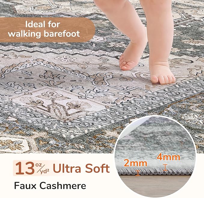 OPPODREAM Soft Entryway Rug 2x8, 2x8 Rug Runner, Washable Hallways Carpet 2 x 8 with Non Slip Backing, Low-Pile Bedside Carpet 2 x 8, Long, Faux Cashmere, Greenish Grey
