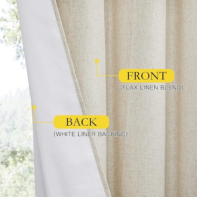 NICETOWN Natural Full Blackout Boho-Chic Linen Curtains 90 inch Long 2 Panels Set for Cafe Window, 34 inch Wide, Thick Linen Blend Drapes, Insulated Window Covers Draperies with White Backing