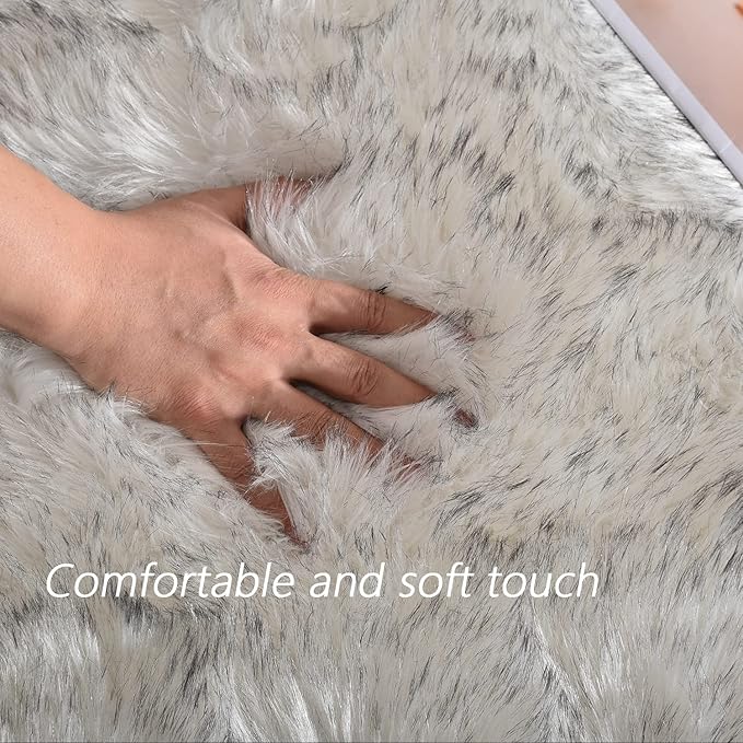 Latepis Faux Fur White with Grey Tips 2x8 Runner Rug for Hallway Fluffy Rugs Furry Shag Washable Rug for Living Room Hallway Rugs Rectangle