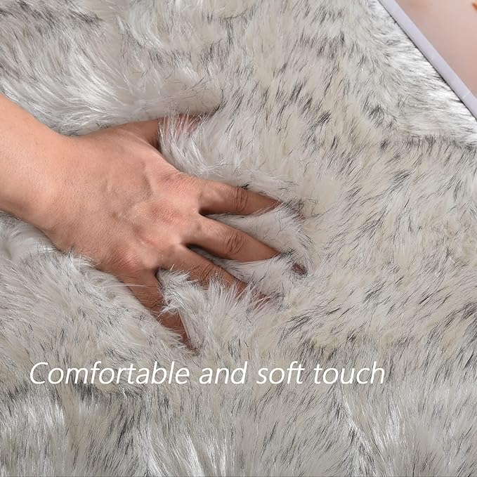 Latepis White with Grey Tips Small Bedroom Washable Soft Shaggy 2x3 Rug Fuzzy Rug Faux Sheepskin Fur Rug for Cushion Cat Mat Home Decor Rectangle