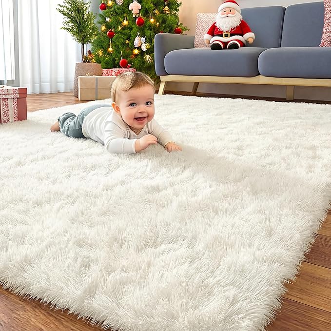 OLANLY 4x10 Area Rugs for Living Room Bedroom, Machine Washable Soft Fluffy Shaggy Bedside Rug, Indoor Floor Carpet for Kids Girls and Boys, Dorms, Nursery Rooms, Home Decor Aesthetic, Ivory
