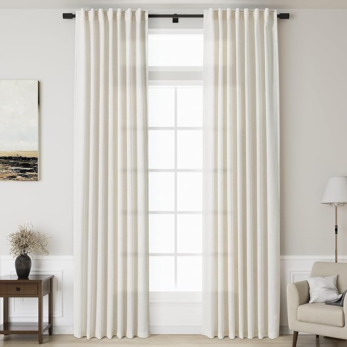 Cream Linen Curtains 137 Inches Long for Living Room Extra Long Back Tab Curtains Neutral Farmhouse Light Filtering Semi Sheer Linen Drapes Ceiling to Floor for Large Window 2 Panels Set 52x137