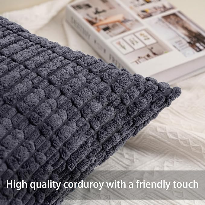 Pack of 2 Corduroy Decorative Throw Pillow Covers 24x24 InchSoft Striped Pillow Covers Modern Farmhouse Home Decor for Sofa Living Room Couch Bed（Dark Grey）