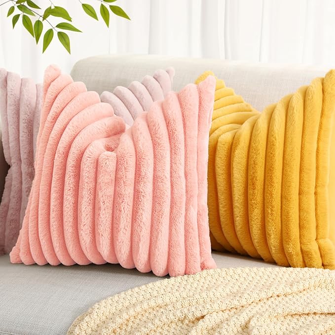 decorUhome Summer Cozy Faux Fur Throw Pillow Covers 26x26 Set of 2 Decorative Plush Striped Modern Farmhouse Boho Couch Euro Sham Pillow Cases with Velvet Back for Sofa Bed Living Room, Blush Pink