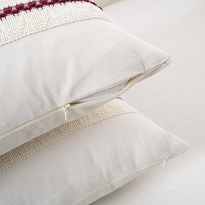 Fancy Homi Set of 1 Burgundy Boho Decorative Throw Pillow Covers 16x16 Inch for Couch Bed Sofa, Aesthetic Modern Farmhouse Christmas Room Decor, Soft Cotton Cute Textured Wind Red Cushion Case