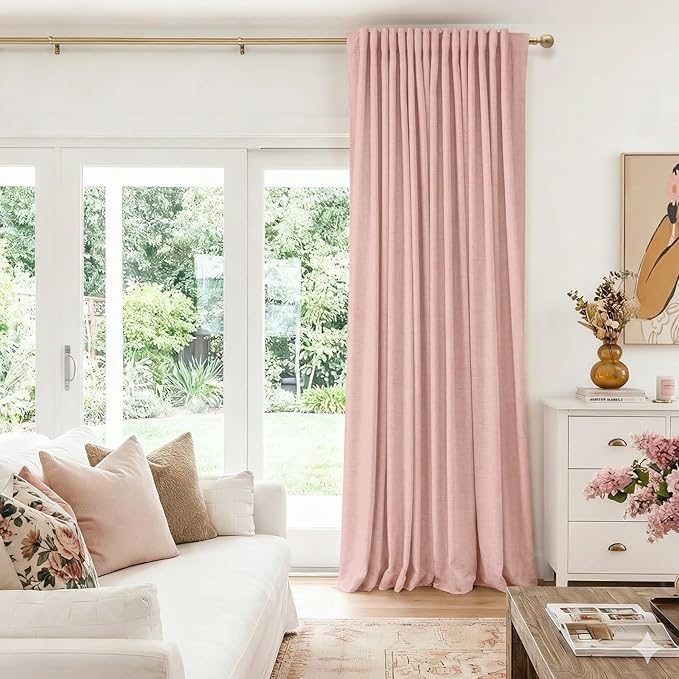 100% Blackout Shield Linen Blackout Curtains for Bedroom 96 Inches Long, Back Tab/Rod Pocket Living Room Drapes, Thermal Insulated Blackout Curtains 1 Panel Set, 100" W x 96" L, Blush Pink