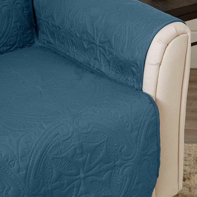 Great Bay Home Reversible Chair Cover - Washable Slipcover Furniture Protector with Elastic Straps - Perfect for Kids & Pets - Quilted & Stitched Detail (Smoke Blue/Ivory)