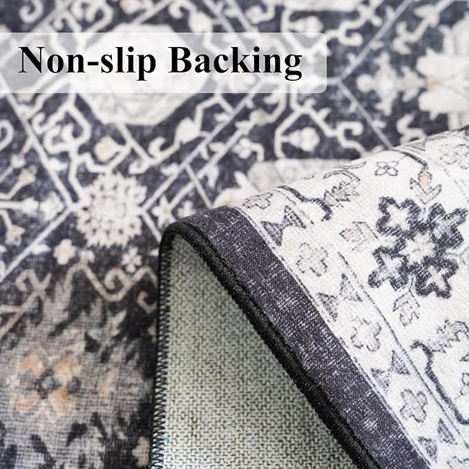 Hallway Washable Runner Rug - 2x6 Kitchen Rugs Entryway Rug Runner Vintage Soft Floor Mat Non Slip Indoor Farmhouse Carpet for Bathroom Living Room Bedroom (2 X 6, Black)