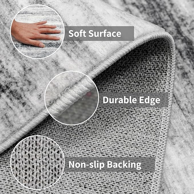 2x8 Washable Runner Rug for Family: Easy-to-Clean Runners for Hallway Entryway Bedroom - Stain and Water Resistant Rugs with Non-Slip Backing - Soft Low-Pile Carpet Grey