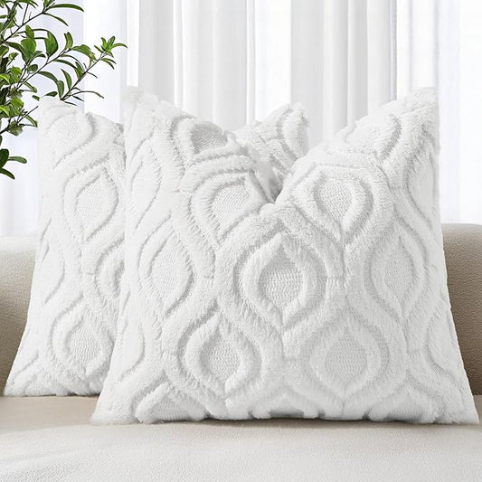 decorUhome Throw Pillow Covers 24x24 Inch Set of 2, Soft Plush Faux Wool White Solid Couch Pillow Covers, Accent Euro Sham Farmhouse Neutral Square Pillow Cases for Sofa Bed Living Room