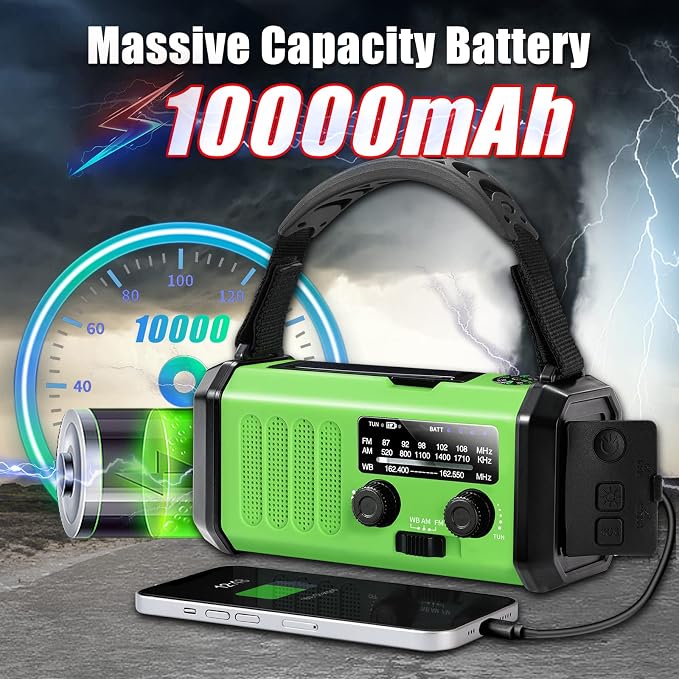Hand Crank Emergency Radio, 10000mAh Solar Powered NOAA/AM/FM Weather Radio - Image 2
