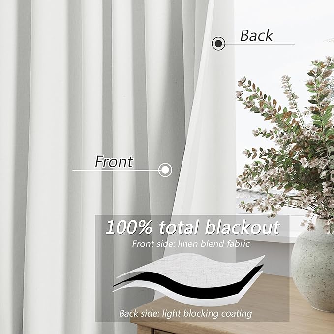 White 100% Blackout Linen Curtains 40 Inch Wide by 72 Inch 2 Panels Set for Living Room Bedroom Back Tab Thermal Insulated Black Out Drapes Room Darkening Farmhouse Style for Bedroom Window Curtains