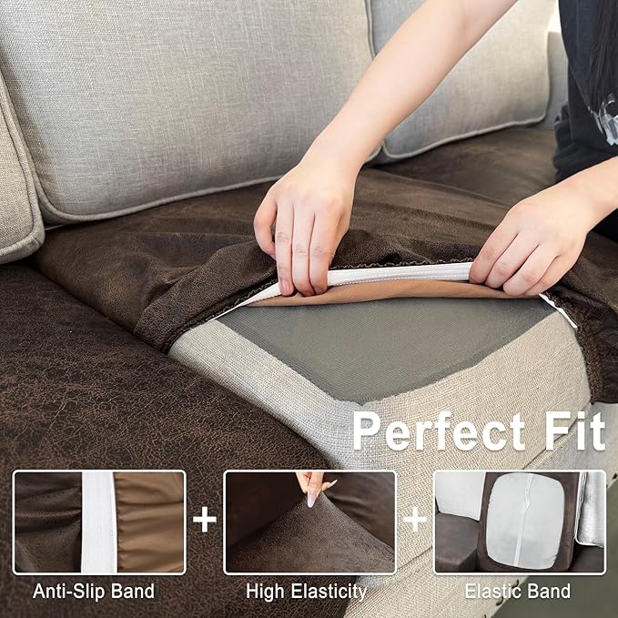 Leather Look Couch Cushion Covers Sofa Seat Slipcovers Sets Couches Furniture Protector for Sectional Armchair Loveseat Pets Kids Stretch Spandex Fabric (1 Cushion Sofa, Brown)
