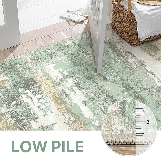 BEIMO 3x5 Rugs for Entryway Entrance Kitchen, Machine Washable Modern Abstract Soft Area Rug, Low Pile Indoor Floor Carpet with Non Slip Backing, Light Green/Cream