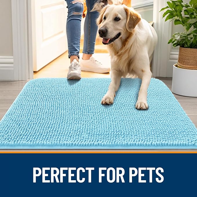 OLANLY Dog Door Mat for Muddy Paws 45x27, Absorbs Moisture and Dirt, Absorbent Non-Slip Washable Doormat, Quick Dry Chenille Mud Mat for Dogs, Entry Indoor Entryway Carpet for Inside Floor, Blue