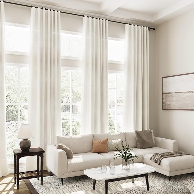 Nanspring Extra Long Curtains 2 Panels 104 Inches Long for Dinning Room Cream Back Tab Rod Pocket Light Filtering Semi Sheer Drapes Cotton Linen Textured Window Curtain for Bedroom 52x104