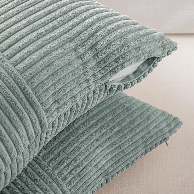 Fancy Homi 2 Packs Grey Blue Lumbar Decorative Throw Pillow Covers 12x20 Inch for Couch Bed Sofa, Rustic Farmhouse Boho Home Decor, Soft Striped Corduroy Rectangle Accent Cushion Case 30x50 cm