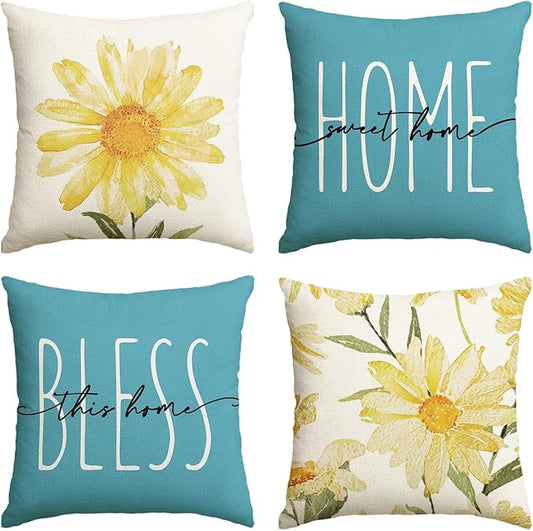 AVOIN colorlife Home Sweet Home Spring Summer Flowers Yellow Throw Pillow Covers, 20 x 20 Inch Blue Cushion Case for Sofa Couch Set of 4