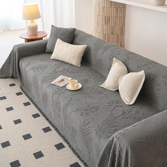 HANDONTIME Washable Couch Covers for Sofa Boho Couch Covers for 3 Cushion Sofa Pet Friendly Grey Chenille Jacquard Couch Protector for Dogs Plant Branch Sectional Cover Sofa Slipcovers, 71" X 134"