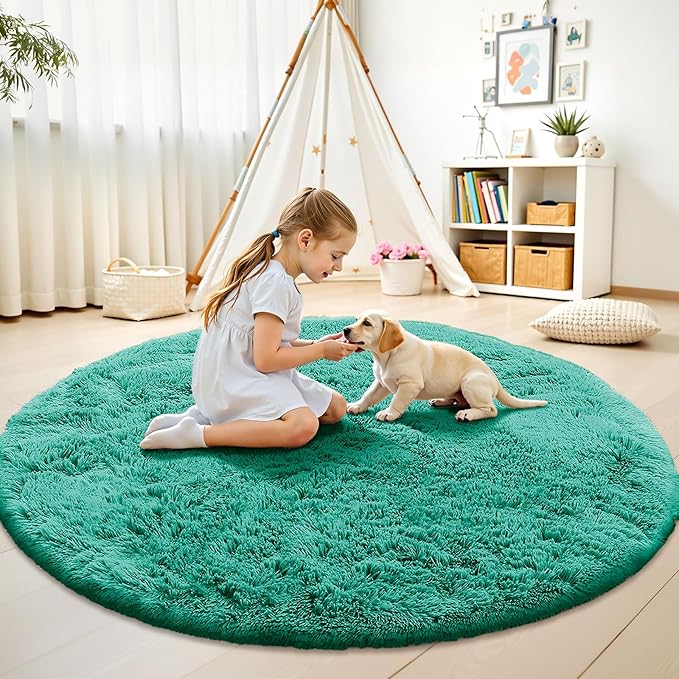 OLANLY Teal Green Round Rugs for Bedroom - Machine Washable, 4 ft Circle Area Rugs for Living Room, Soft and Fluffy Shaggy Carpet for Teen Girl and Boys, Nursery Rooms, Dorms, Home Decor Aesthetic