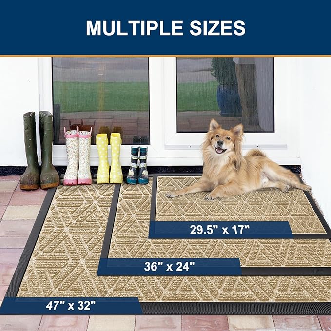 Smiry Front Door Mat Outside Entrance, Heavy Duty Sturdy Natural Rubber Doormat, Trap Dirt and Moisture, Easy Clean Low Profile Mats for Indoor Outdoor Entry, Grid Geometric (47x23, Beige)