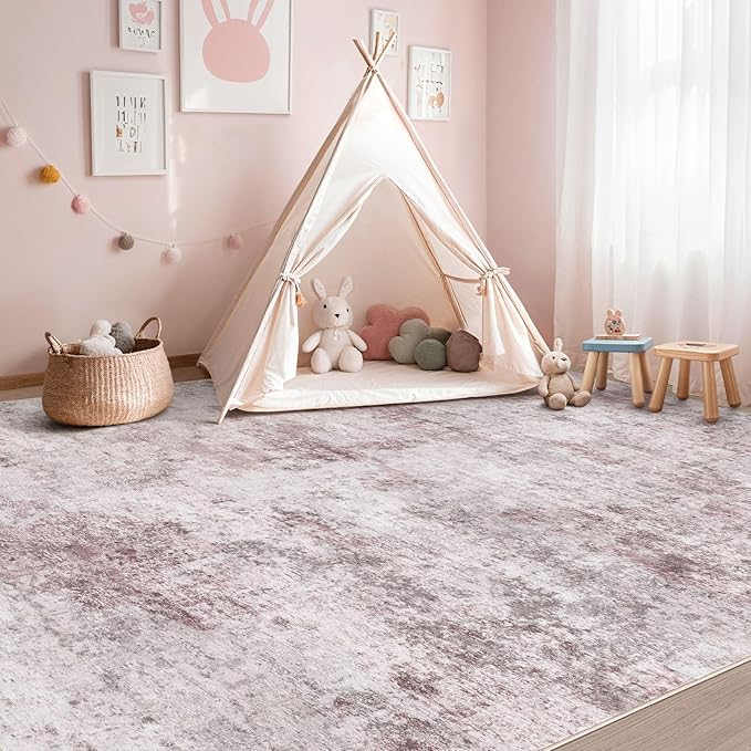 UERMEI 8x10 Area Rug Living Room Rugs - Washable Neutral Modern Abstract Soft Thin Large Rug Indoor Floor No Slip Rug Carpet for Bedroom Under Dining Table Home Office Decor - Pink